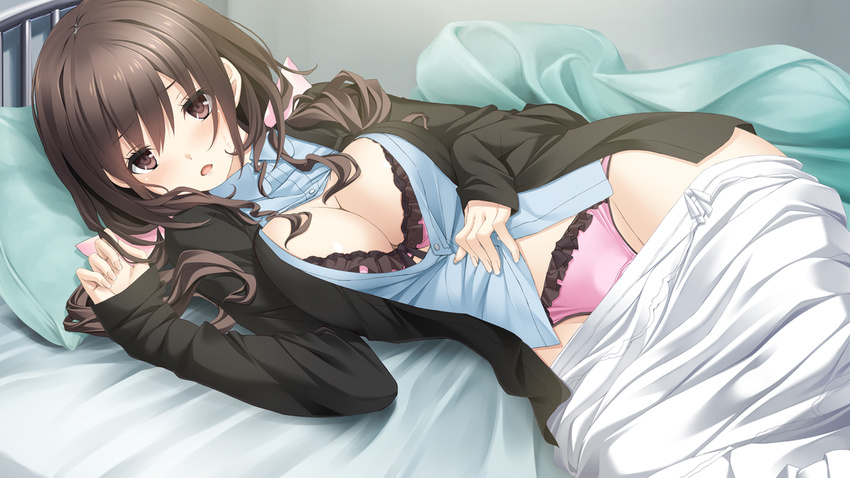 bed bed_sheet blush bra breasts brown_eyes brown_hair cleavage dress_shirt game_cg groin hoshimi_tsukuyo kiss_ato_kiss_will_change_my_relation_with_you large_breasts long_hair long_skirt looking_at_viewer lying mikoto_akemi on_side open_mouth panties pink_bra pink_panties shirt skirt skirt_pull solo underwear undressing white_skirt