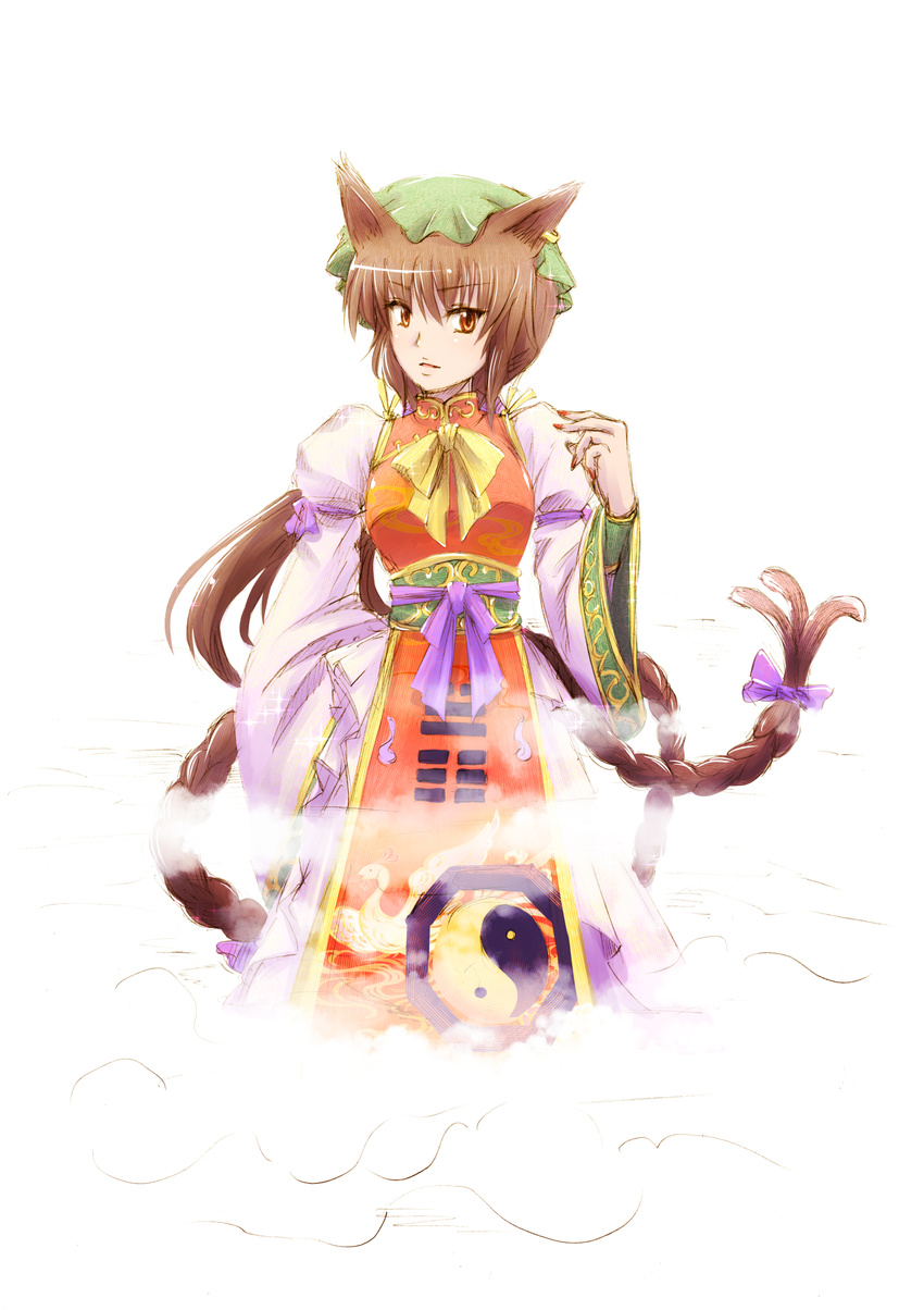 adapted_costume alternate_hair_length alternate_hairstyle animal_ears bow brown_eyes brown_hair cat_ears chen chinese_clothes commentary_request earrings hat highres jewelry long_hair older shiizako_you solo tail touhou very_long_hair