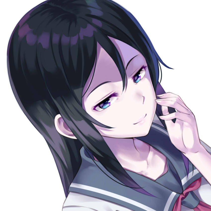 1girl aragaki_ayase black_hair blue_eyes collarbone grey_sailor_collar hair_between_eyes highres huyumitsu long_hair neckerchief ore_no_imouto_ga_konna_ni_kawaii_wake_ga_nai portrait red_neckwear sailor_collar school_uniform serafuku shirt sidelocks simple_background smile solo white_background white_shirt