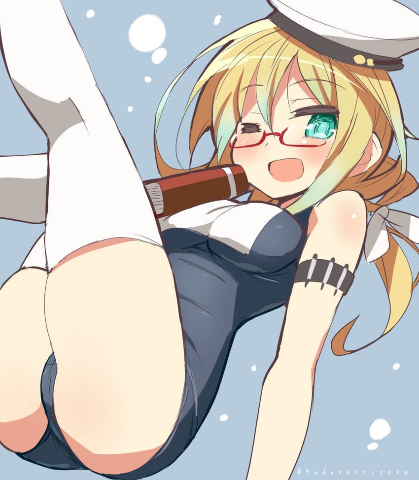 9law blonde_hair book breasts glasses hat highres i-8_(kantai_collection) kantai_collection long_hair looking_at_viewer medium_breasts one-piece_swimsuit one_eye_closed open_mouth red-framed_eyewear school_swimsuit smile solo swimsuit thighhighs twintails white_legwear