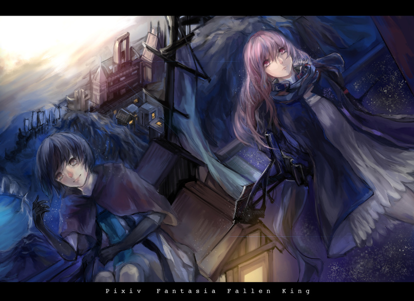 black_hair building cape dress elbow_gloves gray_eyes long_hair perilla pink_eyes pink_hair pixiv_fantasia scarf short_hair