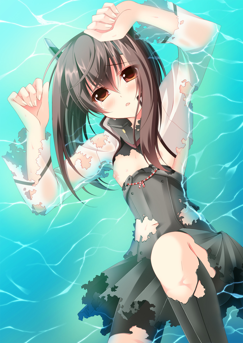 a_flow bad_id bad_pixiv_id bike_shorts blush brown_eyes brown_hair flat_chest headband headgear highres kantai_collection looking_at_viewer nipples open_mouth partially_submerged short_hair skirt solo taihou_(kantai_collection) thighhighs torn_clothes