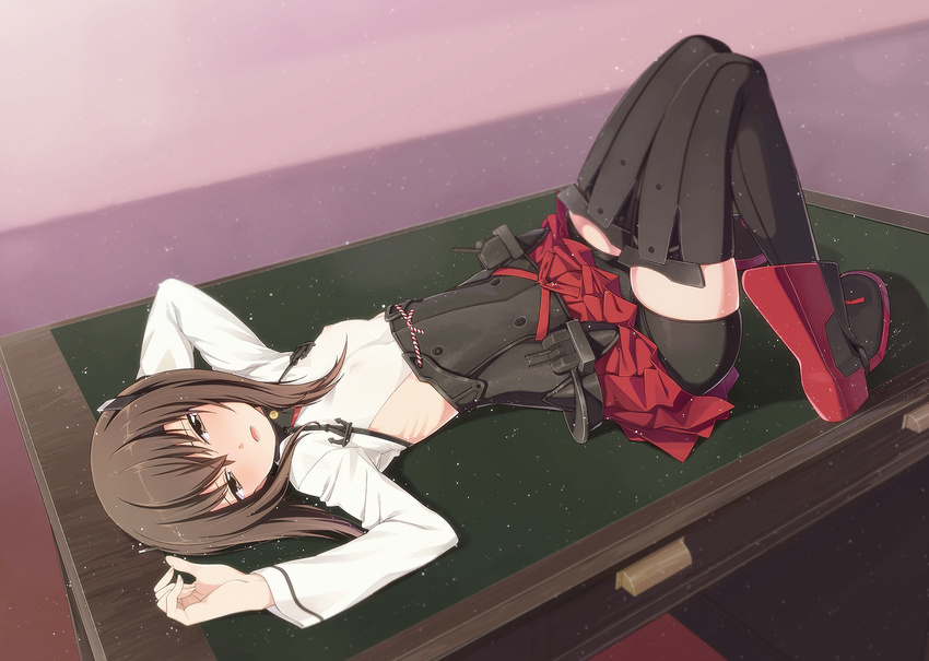 bike_shorts blush brown_eyes brown_hair covered_nipples desk flat_chest hakui_ami headband headgear highres kantai_collection long_sleeves looking_at_viewer lying on_back open_mouth short_hair skirt solo taihou_(kantai_collection) thighhighs