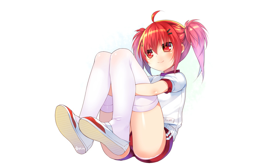 blush gym_uniform mvv original red_eyes red_hair signed thighhighs twintails white
