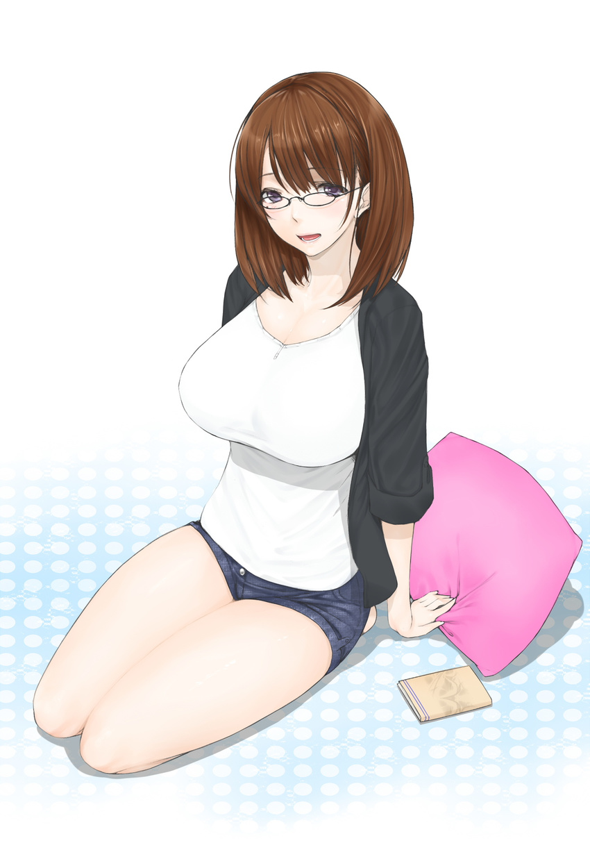 1girl anegasaki_nene blush breasts brown_hair curvy glasses highres huge_breasts jacket legs libre looking_at_viewer love_plus open_mouth pillow purple_eyes shadow short_hair short_shorts shorts simple_background sitting smile solo thighs