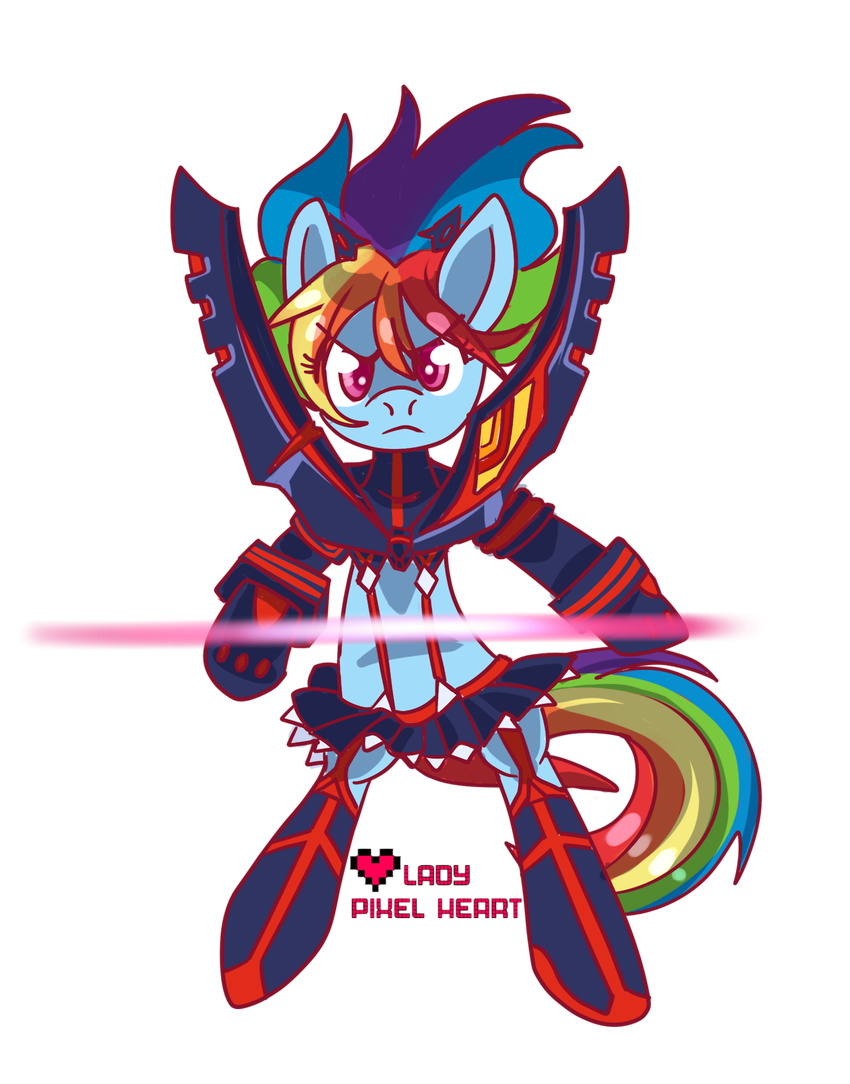 blue_fur crossover equine female friendship_is_magic fur garter_straps hair hi_res horse kamui kill_la_kill ladypixelheart legwear looking_at_viewer mammal multi-colored_hair my_little_pony pegasus plain_background pony purple_eyes rainbow_dash_(mlp) rainbow_hair rainbow_tail skirt solo stockings transparent_background wings