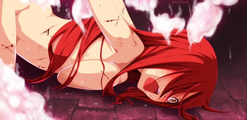 blood cuts erza_scarlet fairy_tail gaston18 hair_over_one_eye implied_sex injury long_hair nude open_mouth red_hair solo steam top-down_bottom-up yellow_eyes