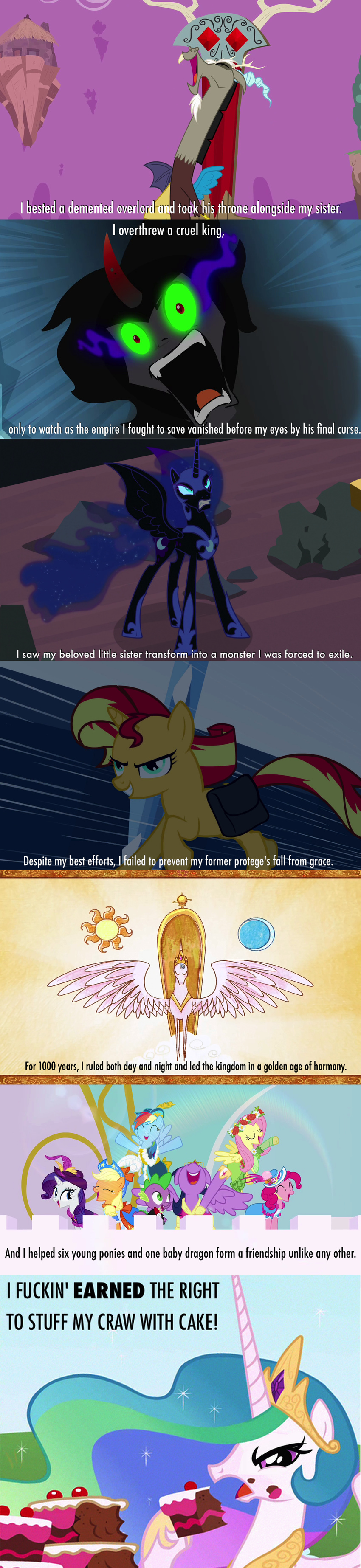 applejack_(mlp) cake comic discord_(mlp) draconequus dragon equestria_girls equine fluttershy_(mlp) food friendship_is_magic horn horse king_sombra_(mlp) mammal my_little_pony nightmare_moon_(mlp) pegasus pinkie_pie_(mlp) pony princess_celestia_(mlp) rainbow_dash_(mlp) rarity_(mlp) smile spike_(mlp) sunset_shimmer_(eg) twilight_sparkle_(mlp) unicorn winged_unicorn wings