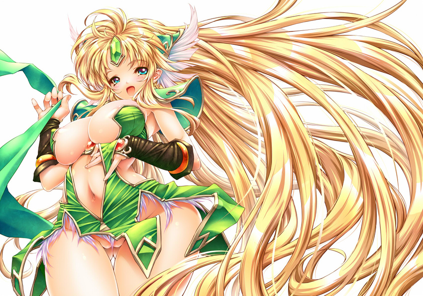 144_(riesztan) 1girl areola_slip areolae armor bikini_armor blonde_hair blue_eyes breasts curvy female gloves hair_ornament jewelry large_breasts long_hair lots_of_jewelry no_panties open_mouth riesz seiken_densetsu seiken_densetsu_3 simple_background solo standing thigh_gap very_long_hair white_background wide_hips