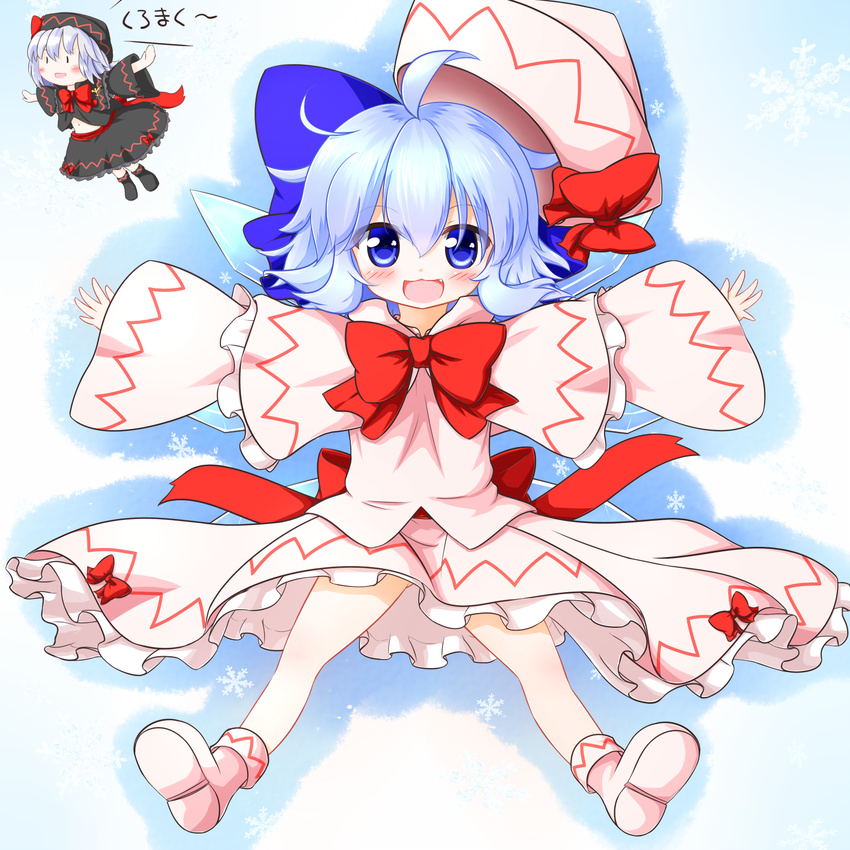 :3 :d blue_eyes blue_hair bow cirno cosplay dress frilled_dress frills hair_bow hat hat_bow highres is_that_so letty_whiterock lily_black lily_black_(cosplay) lily_white lily_white_(cosplay) mofu_mofu multiple_girls open_mouth outstretched_arms short_hair smile spread_arms touhou wings