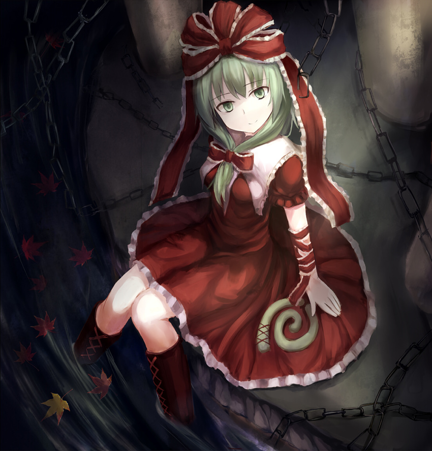 bad_id bad_pixiv_id boots bow chain cross-laced_footwear departed dress frills from_above front_ponytail green_eyes green_hair hair_bow hair_ribbon kagiyama_hina long_hair looking_at_viewer looking_up red_dress ribbon sitting smile soaking_feet solo touhou water