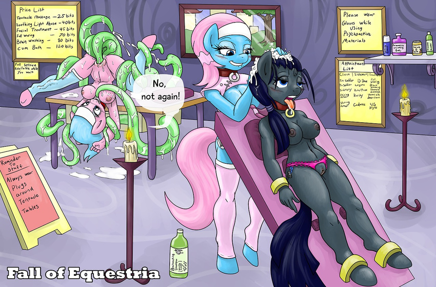 anthro blue_hair blush bottle brainwashing breasts candle candlestick clothing collar crotchless_panties cum equine fall_of_equestria female friendship_is_magic hair horn horse legwear lotus_(mlp) mammal mind_break mind_control my_little_pony original_character panties pony poprocks pussy severed_horn sex shampoo sibling sign smile smudge_proof spa standing stockings table tentacle_sex tentacles torn_clothing twins underwear unicorn upside_down