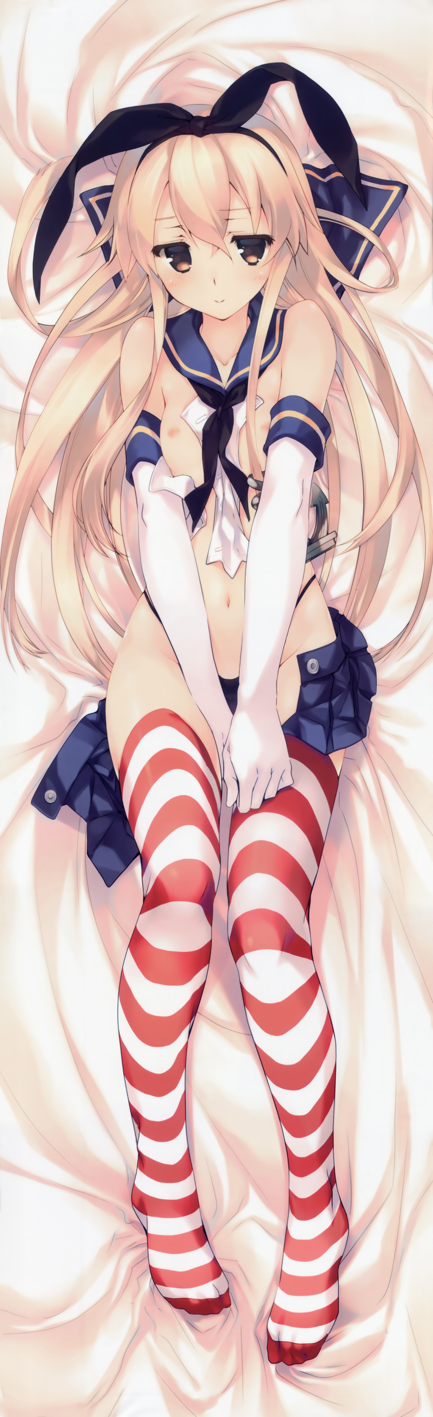 absurdres bed bed_sheet black_panties blonde_hair blush breasts brown_eyes covering covering_crotch dakimakura elbow_gloves from_above full_body gloves highleg highleg_panties highres huge_filesize kantai_collection long_hair looking_at_viewer lying mitsumi_misato nipples no_shoes on_back on_bed on_stomach open_clothes open_skirt panties red_legwear school_uniform serafuku shimakaze_(kantai_collection) skirt small_breasts solo striped striped_legwear thighhighs underwear