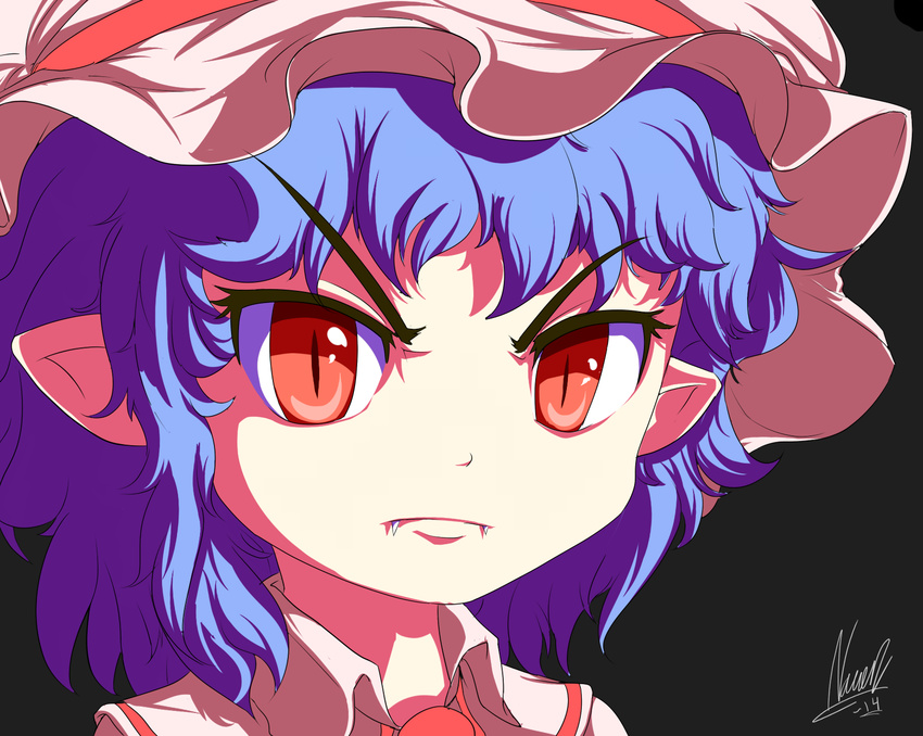 anime_coloring black_background blue_hair face fang_out fangs frown hat hat_ribbon highres locks mob_cap nac0n pointy_ears portrait red_eyes remilia_scarlet ribbon short_hair signature simple_background slit_pupils solo touhou tsurime vampire