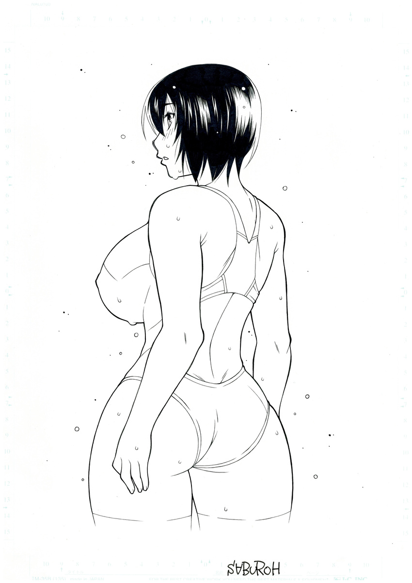 absurdres ass back breasts cropped_legs curvy from_behind highres huge_breasts monochrome one-piece_swimsuit original short_hair sideboob solo standing swimsuit takeda_saburoh_yasuhide thighhighs wet