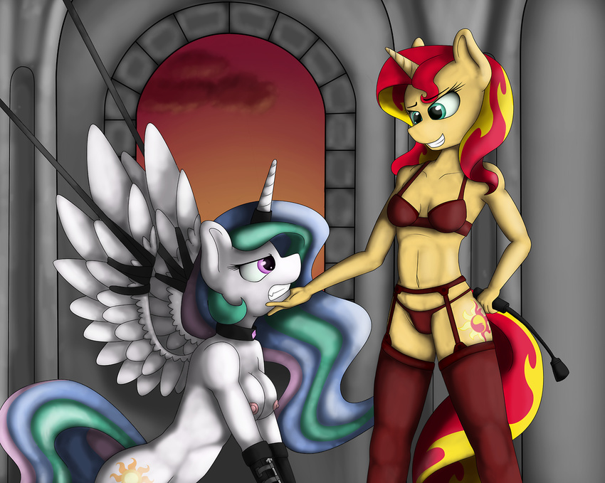 angry anthro areola bdsm blue_eyes bondage bound bra breasts cloud crop cutie_mark domination duo dusk equestria_girls equine female female_domination friendship_is_magic fur hair hand horn inside mammal mane my_little_pony navel nipples nude panties pink_eyes princess_celestia_(mlp) riding_crop smile sunset_shimmer_(eg) two_tone_hair underwear unicorn white_fur winged_unicorn wings yellow_fur