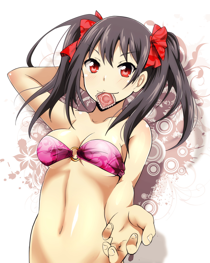 &gt;:) bandeau bikini_top black_hair blush bow breasts condom condom_in_mouth hair_bow highres looking_at_viewer love_live! love_live!_school_idol_project medium_breasts mouth_hold navel o-ring o-ring_top red_eyes short_hair smile solo tom_(drpow) twintails v-shaped_eyebrows yazawa_nico