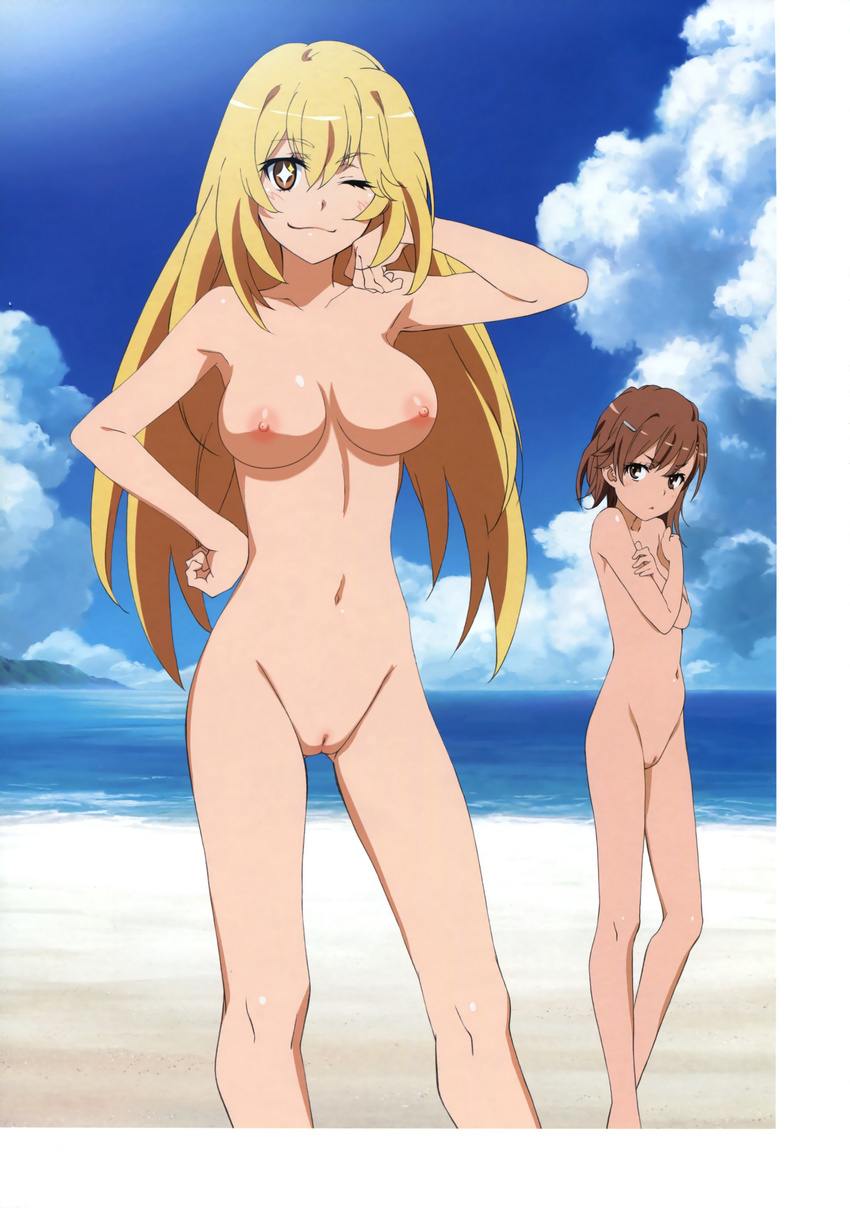2girls :3 absurdres areolae arm_up armpits bare_legs bare_shoulders beach blonde_hair blue_sky blush breasts brown_eyes brown_hair cleft_of_venus cloud collarbone covering covering_breasts female hair_between_eyes hair_ornament hairclip hand_on_hip highres hips large_breasts legs long_hair long_image looking_at_viewer misaka_mikoto mound_of_venus multiple_girls navel nipples nude nude_filter ocean outdoors photoshop pussy shokuhou_misaki short_hair sky smile standing tall_image tanaka_yuuichi thighs to_aru_kagaku_no_railgun to_aru_majutsu_no_index uncensored water wink