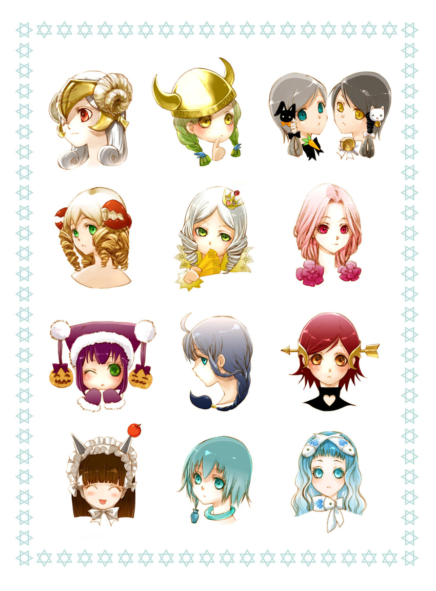 ^_^ apple aquarius aries arrow arrow_in_head blonde_hair blue_hair blush brown_hair bunny_hair_ornament cancer capricorn cat_hair_ornament closed_eyes crown fish_hair_ornament food fruit gemini green_eyes grey_hair hair_ornament helmet hexagram highres horns jack-o'-lantern kei_shu leo libra long_hair looking_at_viewer mini_crown mittens multiple_girls one_eye_closed original pisces purple_hair sagittarius scorpio short_hair star_of_david taurus virgo white_hair zodiac