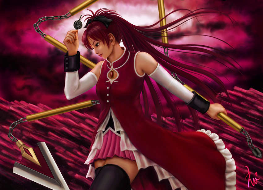 artist_name bare_shoulders black_legwear boots bow detached_sleeves ebi_(eeotoko) grief_seed hair_bow highres long_hair magical_girl mahou_shoujo_madoka_magica polearm ponytail realistic red_eyes red_hair sakura_kyouko signature solo spear weapon