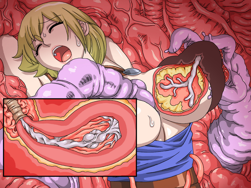 1girl areolae bleach blonde_hair blush breasts cum gaden large_breasts long_hair matsumoto_rangiku mole nipple_penetration pink_lips sophitia_alexandra soul_calibur tears tentacle x-ray