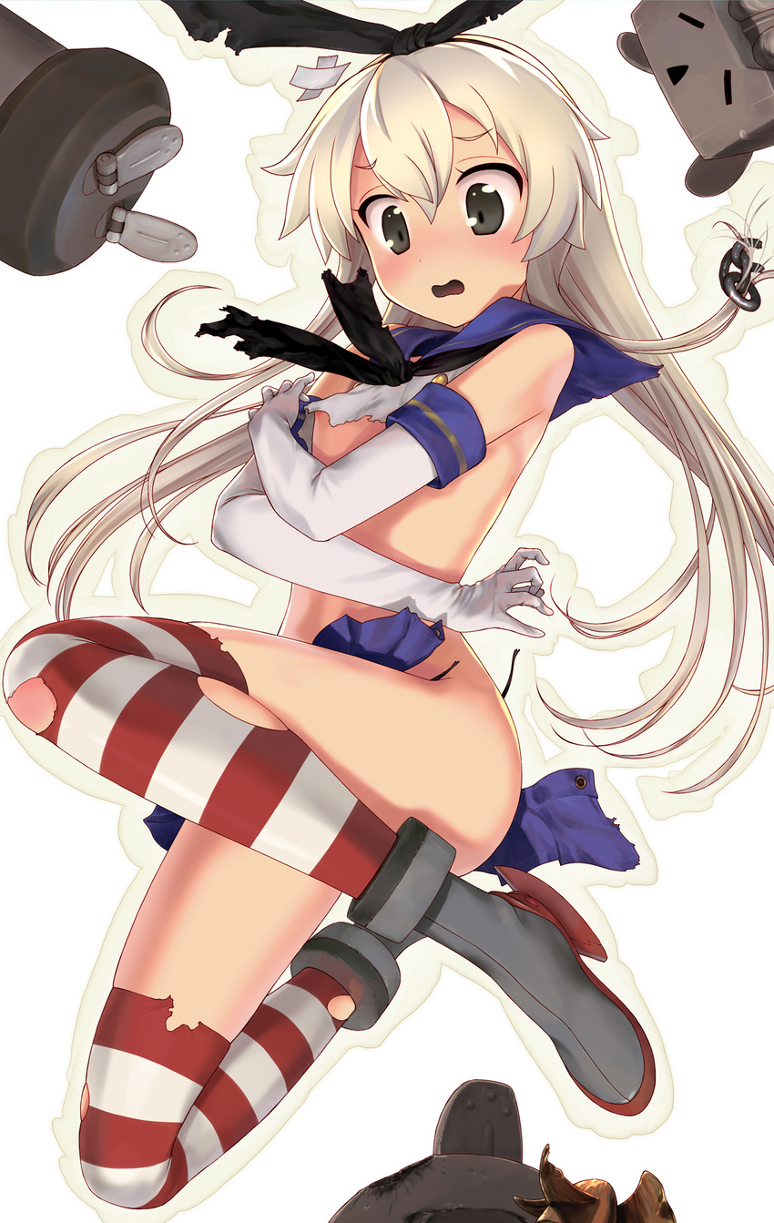 black_eyes blonde_hair blush elbow_gloves flat_chest gloves hairband hechi highres kantai_collection long_hair nipples rensouhou-chan shimakaze_(kantai_collection) skirt striped striped_legwear thighhighs torn_clothes torn_legwear torn_skirt white_background white_gloves