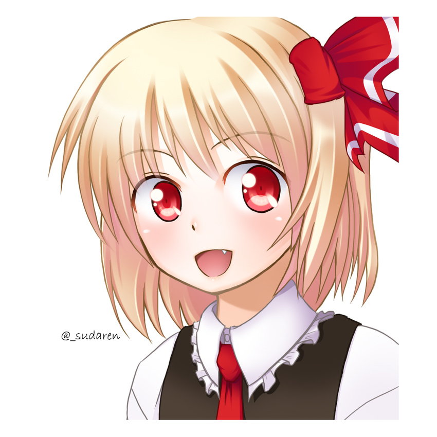 :d bad_id bad_pixiv_id blonde_hair blouse fang hair_ribbon highres looking_at_viewer open_mouth red_eyes ribbon rotten_brat rumia short_hair simple_background smile solo touhou vest white_background