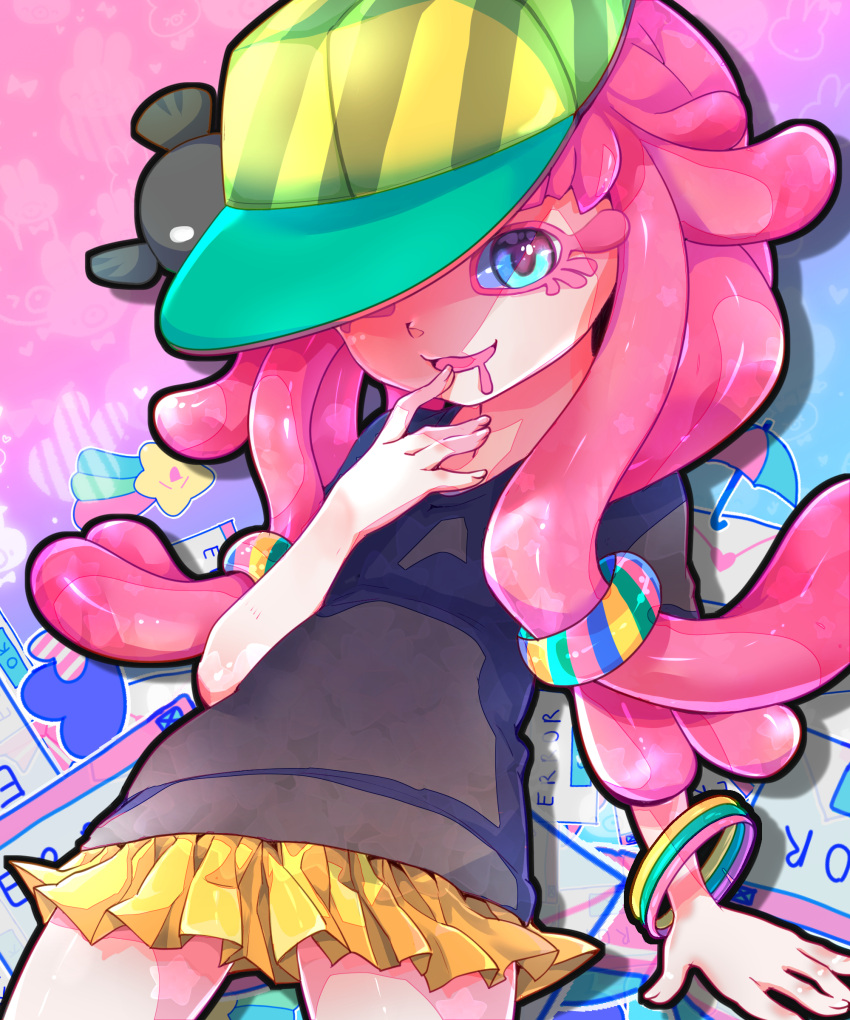 1girl 1other absurdres baseball_cap black_shirt blue_eyes clownfish drooling hand_to_own_mouth harmony's_clownfish_(splatoon) harmony_(splatoon) hat highres long_hair looking_at_viewer mikushu394 miniskirt one_eye_covered open_mouth pink_hair pleated_skirt shirt short_sleeves skirt smile splatoon_(series) splatoon_3 striped striped_headwear t-shirt tentacle_hair yellow_headwear yellow_skirt