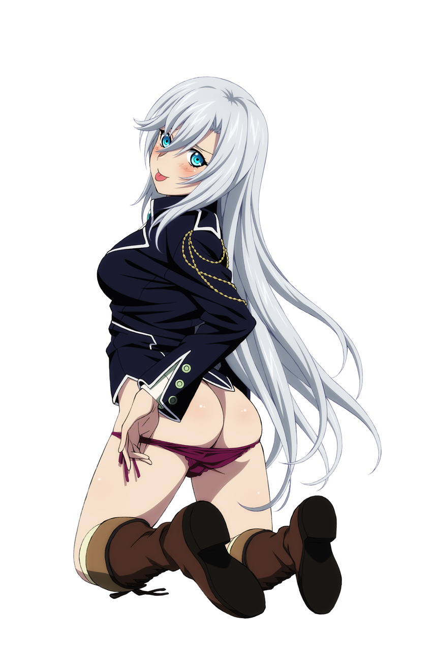 :p absurdres ass blazer blue_eyes blush boots breasts cross-laced_footwear from_behind full_body highres jacket knee_boots kneeling la_folia_rihavein lace-up_boots long_hair long_sleeves looking_at_viewer looking_back medium_breasts mokke_(mokke99) panties panty_pull purple_panties side-tie_panties silver_hair simple_background solo strike_the_blood tongue tongue_out underwear very_long_hair white_background
