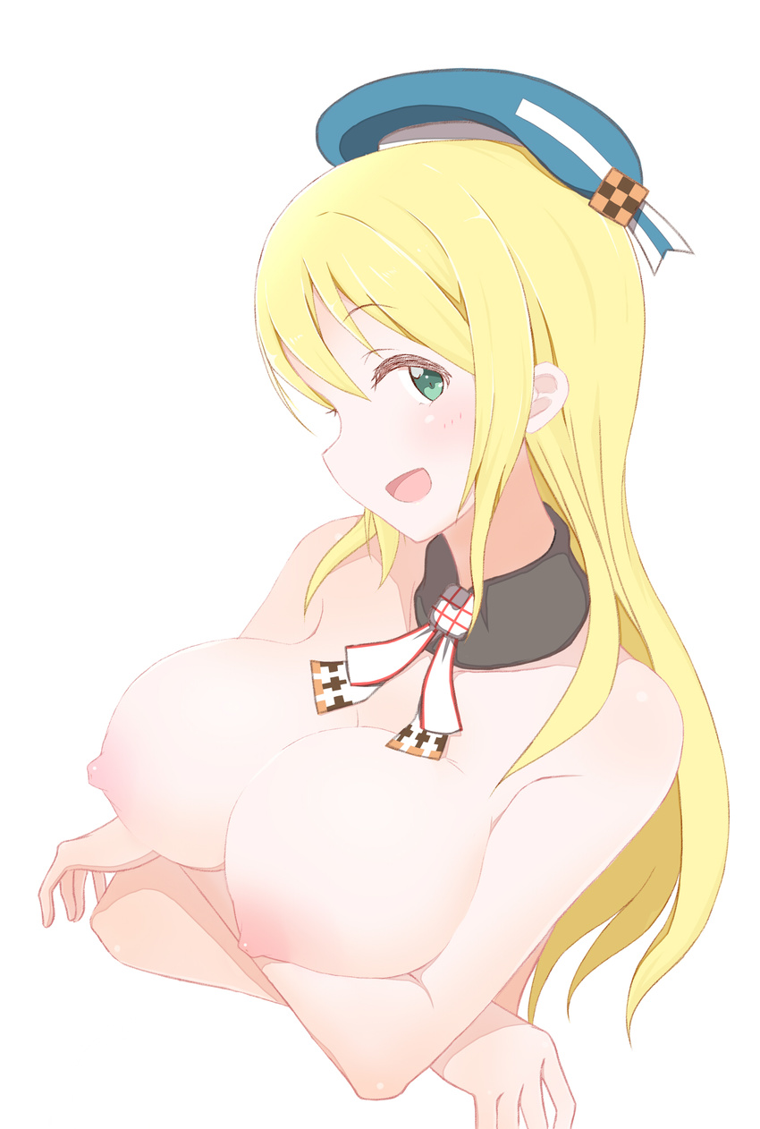 atago_(kantai_collection) bad_id bad_pixiv_id blonde_hair blush breasts green_eyes hat highres kantai_collection large_breasts long_hair looking_at_viewer nipples nude open_mouth shinose_(sinose) simple_background smile solo white_background