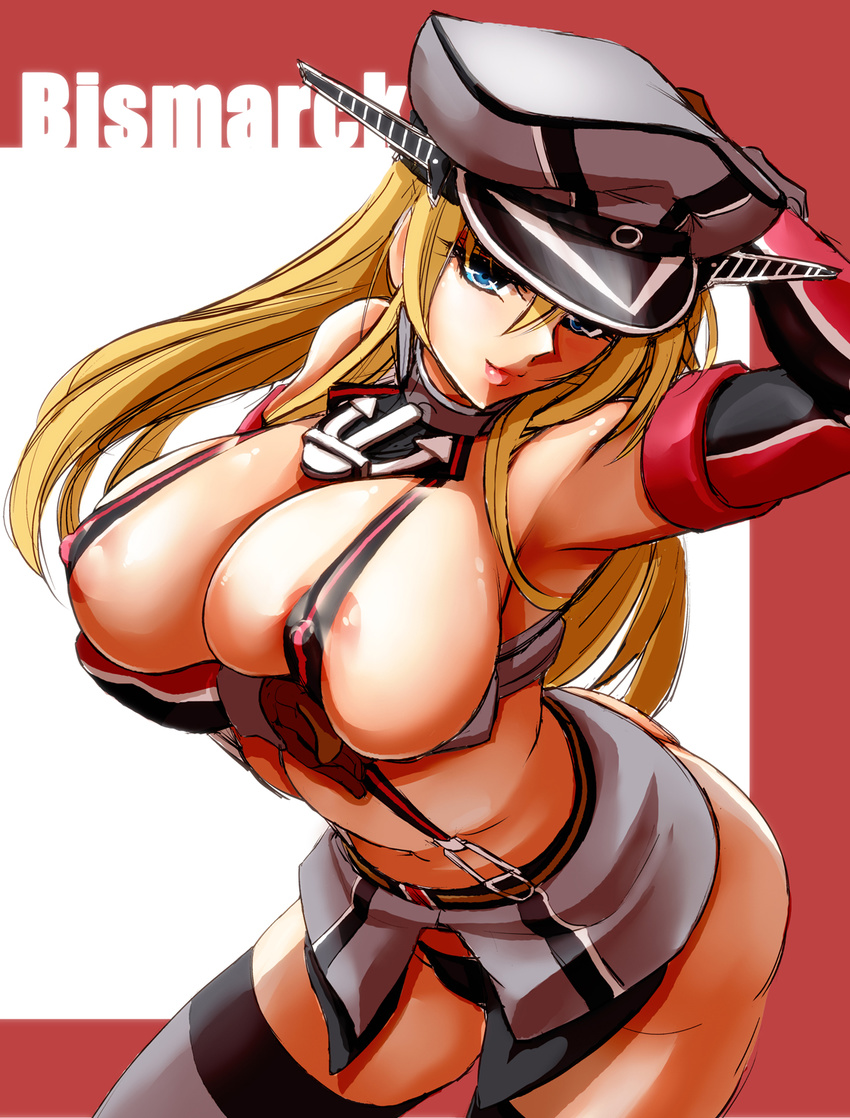 areolae bismarck_(kantai_collection) blonde_hair blue_eyes breast_hold breasts character_name covered_nipples elbow_gloves gloves grey_legwear hand_on_headwear hat highres kantai_collection kawaraya_a-ta large_breasts lips long_hair looking_at_viewer nipples smile solo suspenders thighhighs