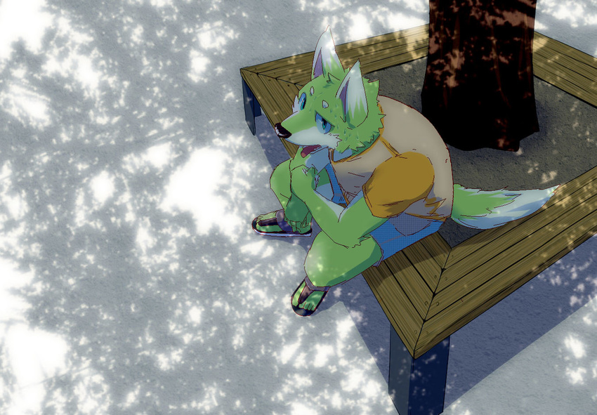 canine clothing fur green_fur kemono looking_at_viewer male mammal resting sitting solo sum_kemono sweat tongue tree wolf