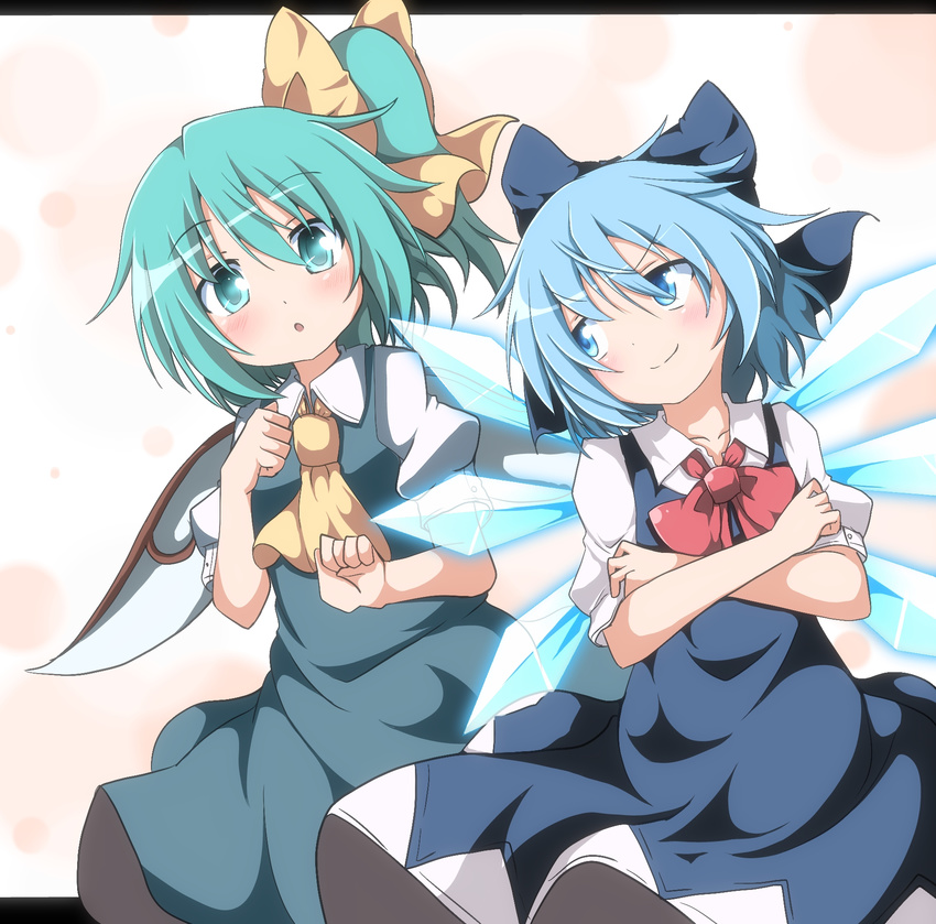 ascot blue_bow blue_eyes blue_hair blush bow cirno crossed_arms daiyousei do_(4-rt) dress fairy_wings green_eyes green_hair hair_bow hair_ribbon highres ice looking_at_viewer multiple_girls open_mouth red_bow ribbon short_hair short_sleeves side_ponytail simple_background smile smirk touhou wings yellow_bow