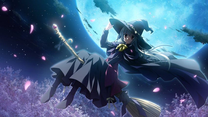 adjusting_clothes adjusting_hat between_legs boots broom broom_riding cape cherry_blossoms flying full_moon game_cg hand_between_legs hat kamishiro_alice light_smile long_hair long_sleeves moon nanao_naru night outdoors red_eyes riding silver_hair solo supipara witch witch_hat