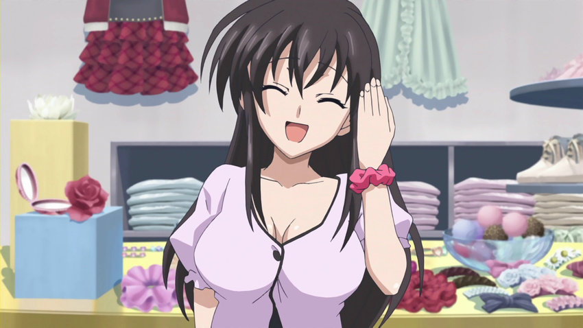 1girl black_eyes black_hair breasts cleavage dress high_school_dxd large_breasts long_hair open_mouth reinare screencap shop smile solo