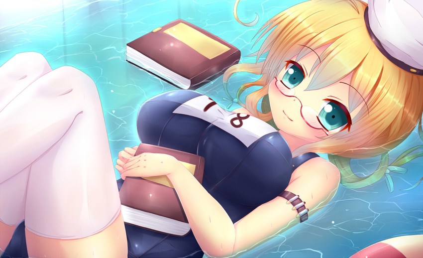 blonde_hair book breasts glasses hat i-8_(kantai_collection) innertube kane-neko kantai_collection large_breasts long_hair lying one-piece_swimsuit school_swimsuit semi-rimless_eyewear smile solo swimsuit thighhighs twintails water