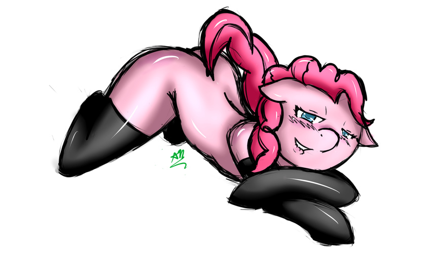 absurd_res anthro avante92 biting_lip blue_eyes blush equine female feral friendship_is_magic fur hair half-closed_eyes hi_res horse legwear looking_at_viewer lying mammal my_little_pony on_front pink_body pink_fur pink_hair pinkie_pie_(mlp) plain_background pony signature solo stockings white_background