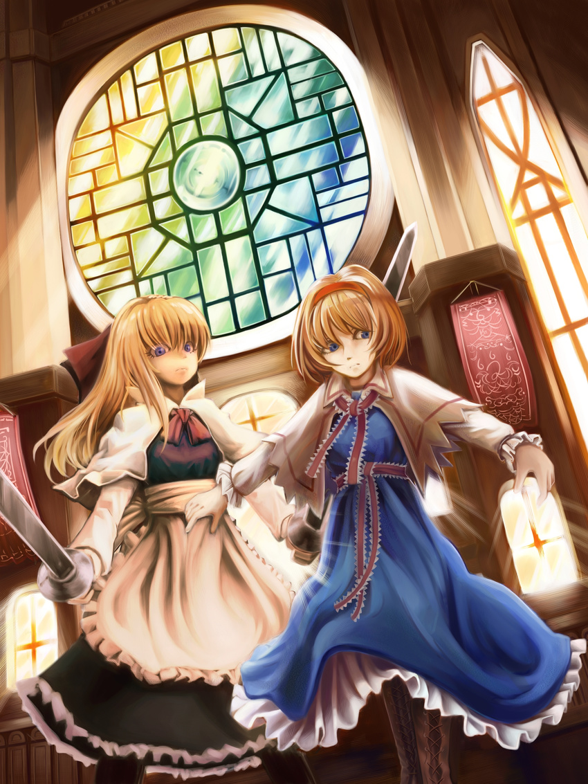 absurdres alice_margatroid apron banner blonde_hair blue_eyes boots bow capelet commentary_request cross-laced_footwear dress dual_wielding dutch_angle frown goliath_doll hair_bow hairband highres holding indoors knee_boots kyoro_(asdfg-hjkl) light_rays long_hair long_sleeves looking_at_viewer looking_away outstretched_arms ribbon sash short_hair solo spread_arms stained_glass sunbeam sunlight sword touhou waist_apron weapon window
