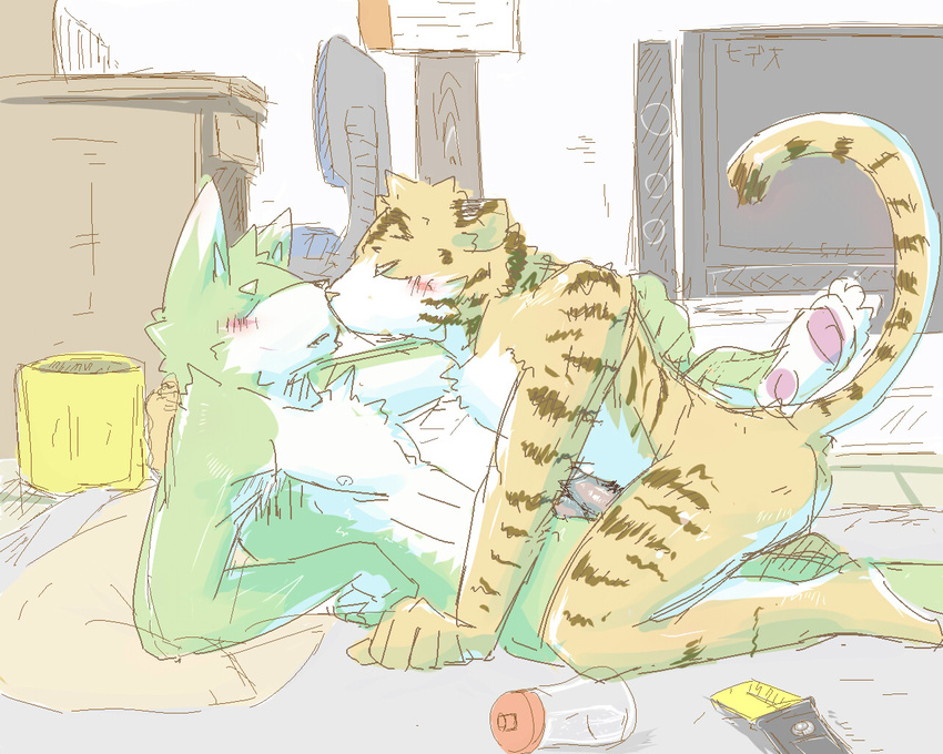 basil_(pixiv) blush canine duo embrace erection feline frottage fur gay green_fur kemono kissing lying male mammal nude on_back penis sum_kemono tiger wolf