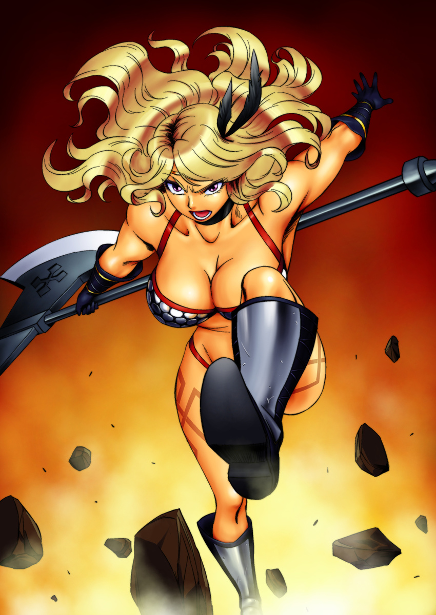 amazon_(dragon's_crown) armor bare_shoulders bikini_armor blonde_hair boots breasts circlet cleavage collarbone debris dragon's_crown feathers gloves groin halberd highres large_breasts long_hair looking_at_viewer matsuda_shin muscle open_mouth orange_background outstretched_arm polearm purple_eyes running solo tattoo thick_thighs thighs weapon
