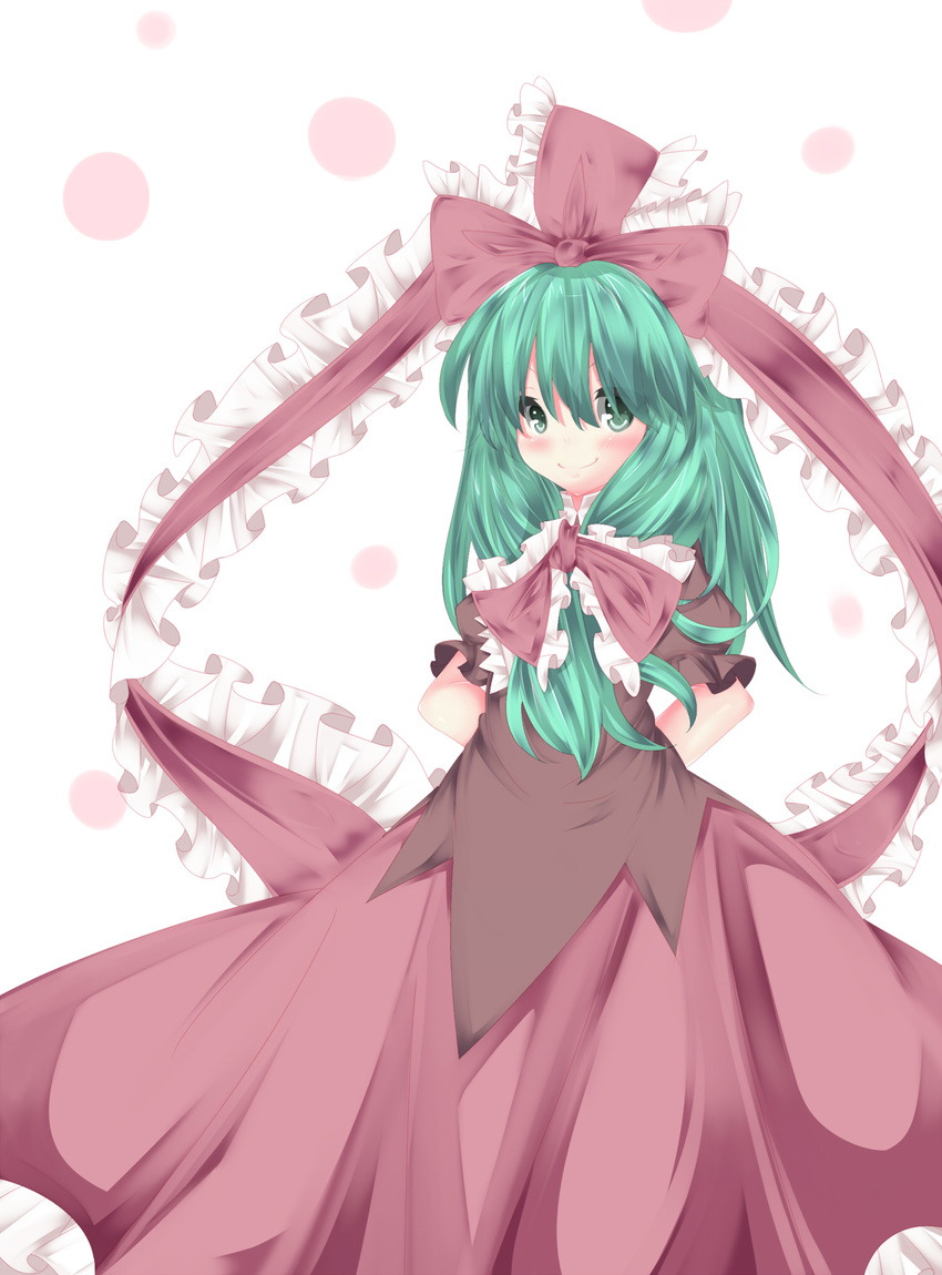 arms_behind_back bad_id bad_pixiv_id blush dress frilled_ribbon frills front_ponytail green_eyes green_hair hair_ribbon highres kagiyama_hina long_hair looking_at_viewer polka_dot polka_dot_background puffy_short_sleeves puffy_sleeves ribbon short_sleeves simple_background smile solo tangusuten touhou white_background