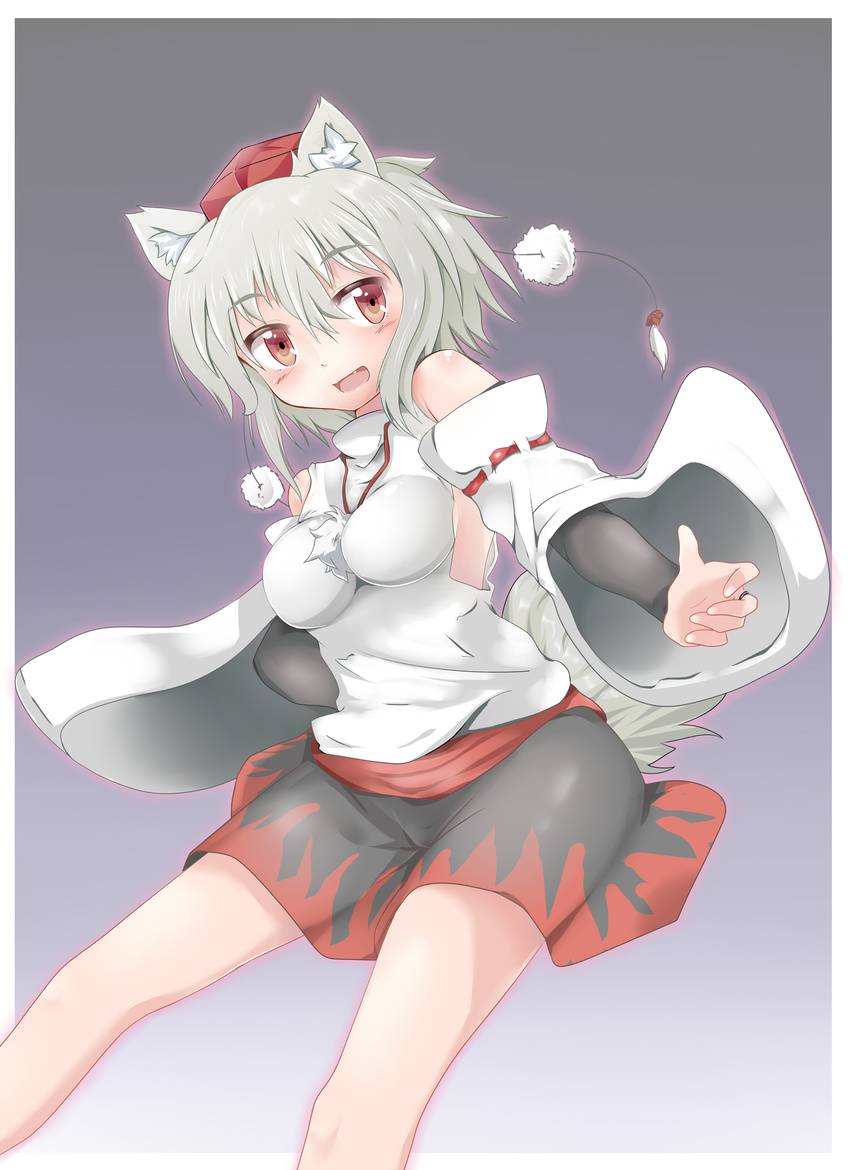 animal_ears armpits bare_shoulders blush breasts detached_sleeves fang happy hat highres inubashiri_momiji looking_at_viewer medium_breasts nekoro_(nekokabuto) no_bra open_mouth pom_pom_(clothes) red_eyes short_hair silver_hair skirt smile solo tail tokin_hat touhou wolf_ears wolf_tail