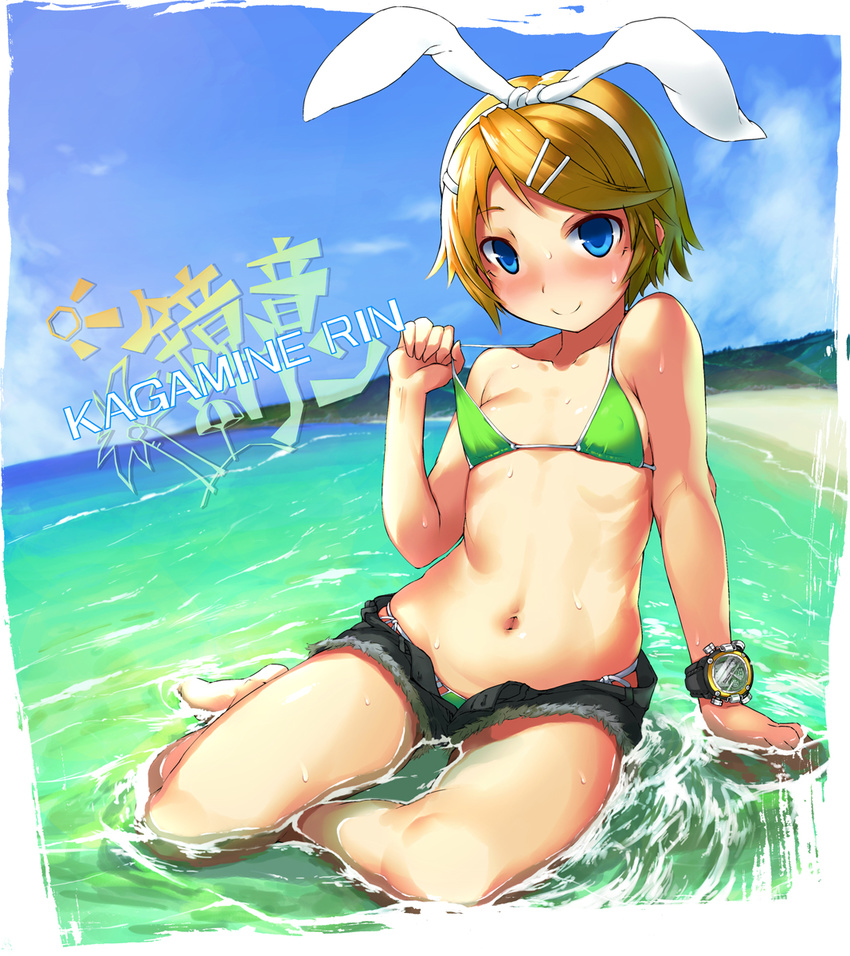 arm_support beach bikini blonde_hair blue_eyes blush breasts cutoffs day denim denim_shorts hair_ornament hairband hairclip highres imazon kagamine_rin looking_at_viewer navel open_fly outdoors partially_submerged short_hair shorts side-tie_bikini sitting small_breasts smile solo stomach strap_lift swimsuit unzipped vocaloid watch water yokozuwari