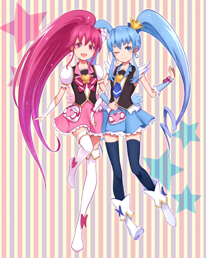 aino_megumi black_legwear blue_eyes blue_hair blue_skirt blush boots bow crown cure_lovely cure_princess happinesscharge_precure! heart highres magical_girl multiple_girls one_eye_closed open_mouth pink_bow pink_eyes pink_hair pink_skirt ponytail precure purea shirayuki_hime skirt smile star striped striped_background thigh_boots thighhighs twintails vertical-striped_background vertical_stripes white_legwear wide_ponytail