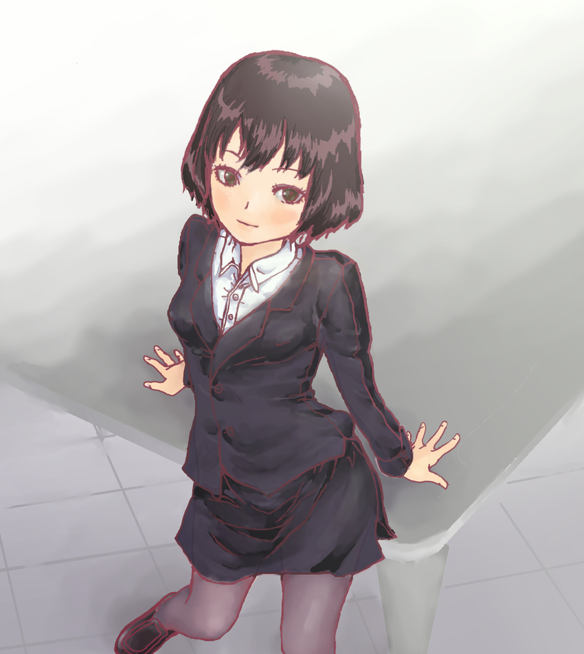 arm_support black_eyes black_hair blouse blush formal hand_on_table highres jacket juju_(poipoipui) loafers looking_at_viewer mikami_kaho pantyhose pencil_skirt shoes short_hair skirt skirt_suit smile solo suit suit_jacket table world_trigger