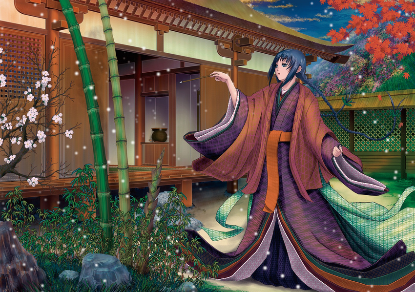 black_hair braids flowers japanese_clothes kimono long_hair manabu_adachi