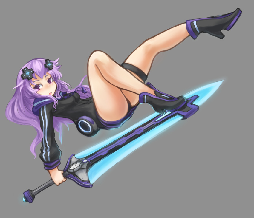 adult_neptune ankle_boots arceonn blush boots d-pad d-pad_hair_ornament falling glowing glowing_sword glowing_weapon grey_background hair_ornament huge_weapon jacket long_hair neptune_(series) purple_eyes purple_hair shin_jigen_game_neptune_vii solo sword thigh_strap weapon
