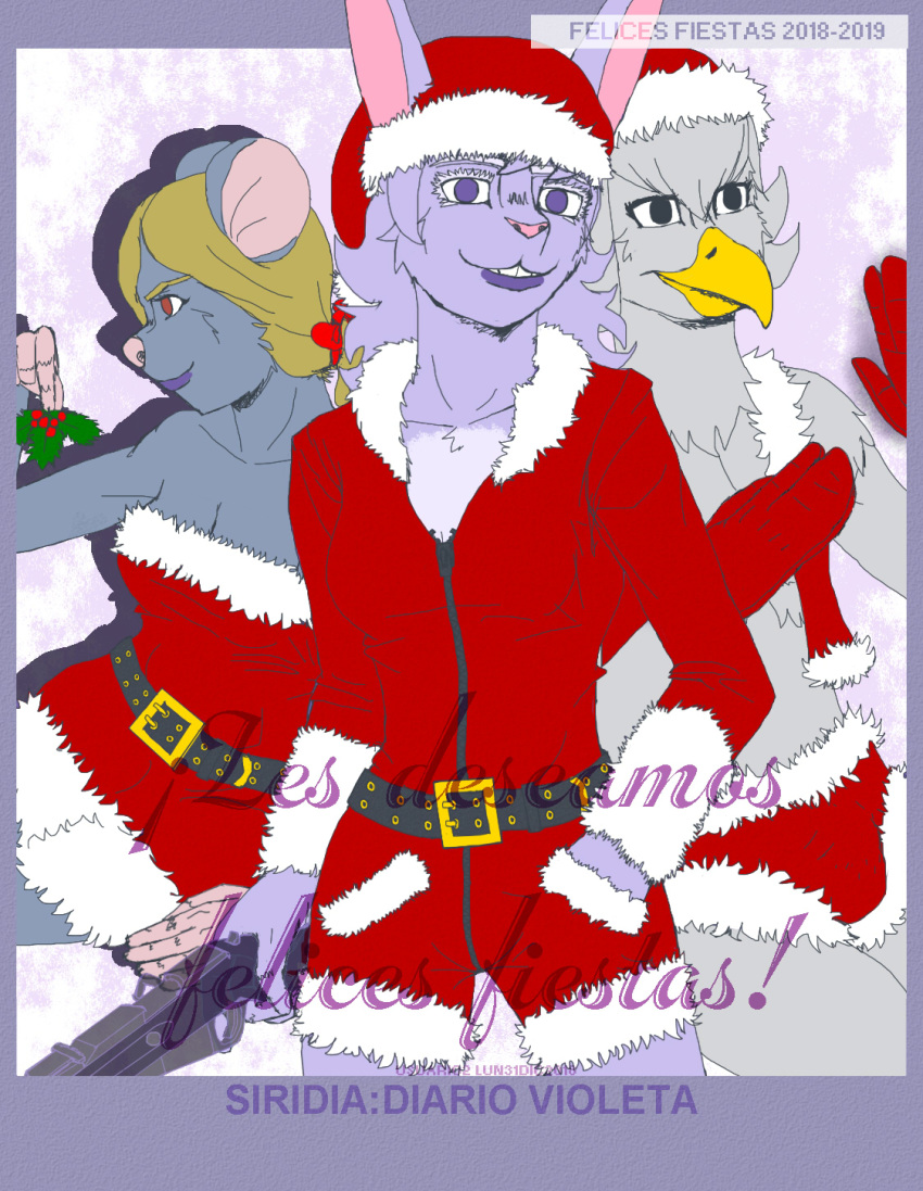 adur_(siridia) antonella_(siridia) avian bird black_eyes blonde_hair bulge christmas clothed clothing eagle feathers female fur gloves grey_feathers grey_fur gun hair holidays lagomorph looking_at_viewer male mammal mistletoe mosin_nagant mouse pink_nose plant ponytail power purple_eyes purple_fur rabbit ranged_weapon red_eyes rifle rodent santa_suit smile usuario2_(artist) victoria_violeta_(usuario2) weapon webcomic