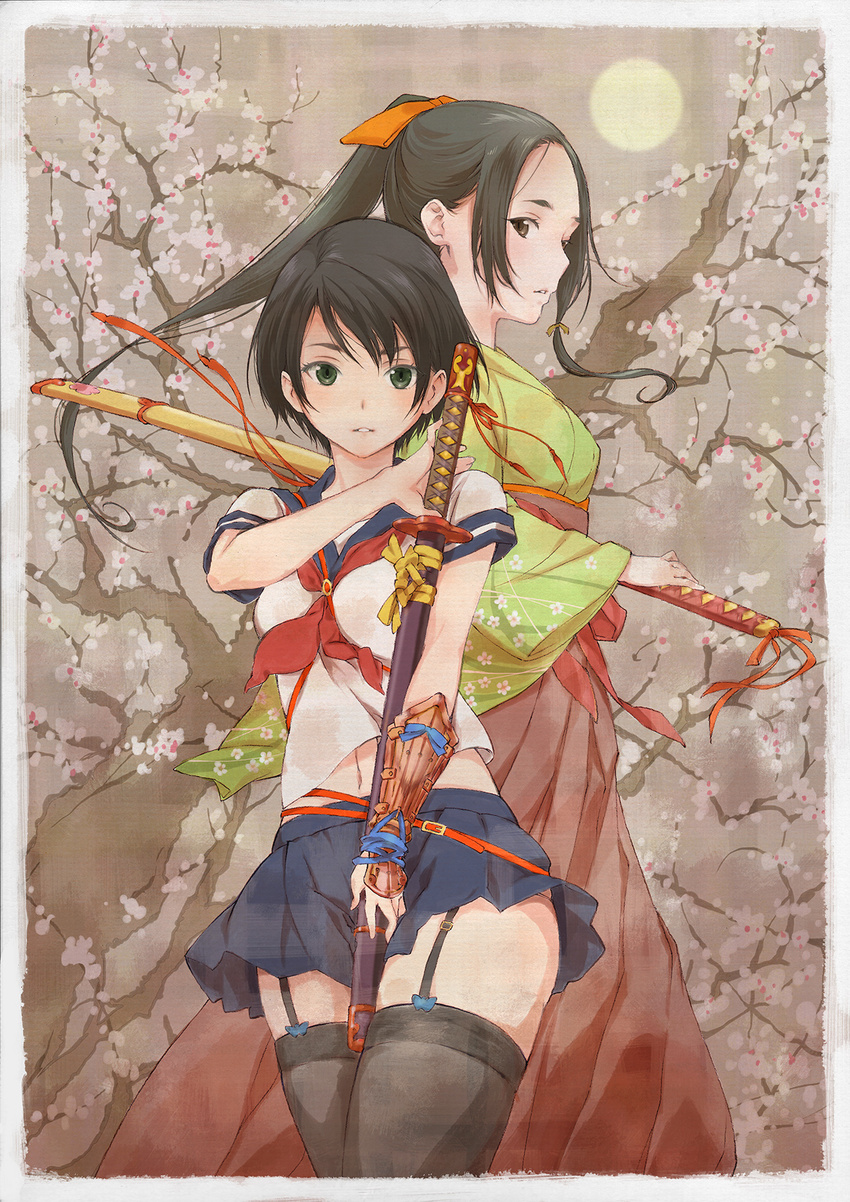 black_hair blush brown_eyes flower full_moon garter_straps green_eyes highres hosoi_mieko japanese_clothes katana long_hair looking_at_viewer midriff moon multiple_girls navel original ponytail school_uniform serafuku short_hair sword thighhighs tree weapon wrist_guards