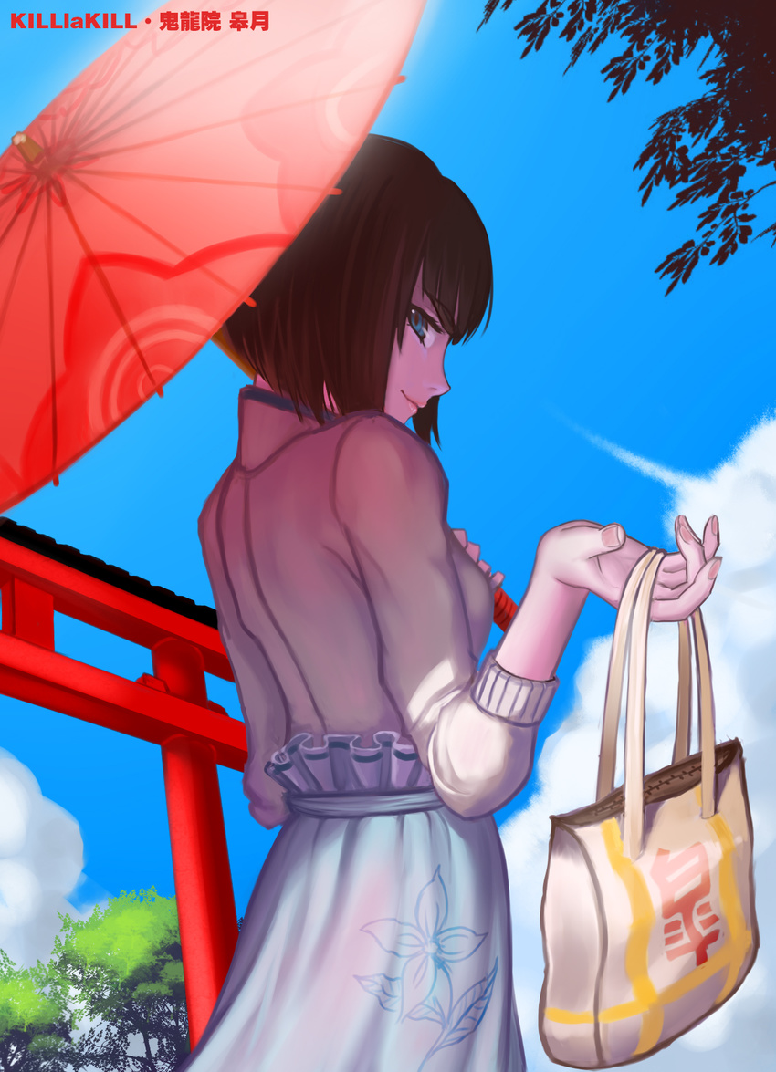 bag blue_eyes blue_skirt blue_sky brown_hair casual day floral_print flower highres kill_la_kill kiryuuin_satsuki looking_at_viewer looking_back md5_mismatch shirt short_hair skirt sky smile solo spoilers torii umbrella wei_ji wrist_extended